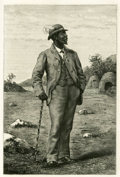 Porträt von König Sepopo von Zambeze (heutiges Südafrika), in europäischem Stil gekleidet, Gravur von P. Dufour zur Illustration der Geschichte „Au pays des Marutses“ in den Jahren 1875-1879 von Dr. Emile Holub (1847-1902). Veröffentlicht in der Tour du mo von Unknown artist