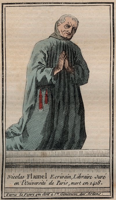 Porträt des französischen Alchemisten Nicolas Flamel (1330-1418) - Gravur - Porträt des englischen Alchemisten Nicolas Flamel - Gravur Privatsammlung von Unknown artist