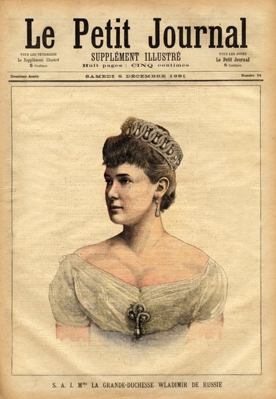 Porträt der Großherzogin Vladimir von Russland, geboren 1854, Prinzessin Maria von Mecklenburg-Schwerin und 1874 verheiratet mit dem jüngeren Bruder des Zaren, Großherzog Vladimir Alexandrowitsch Romanow (1847-1909). Gravur in „Le petit“ von Unknown artist