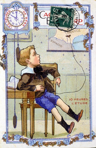 Postkarte, die den Tagesablauf eines Kindes zeigt. Um 10:00 Uhr ist das Kind in der Schule von Unknown artist