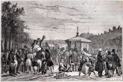 Verlesung der Urteile, die in der Zeitung Moniteur in den Gärten des Königspalastes in Paris am 26. Juli 1830 während des Bürgerkriegs veröffentlicht wurden - Revolution 1830 - Verlesung der Vorschriften im Moniteur, im Garten des Palais-Royal, am 26. Juli von Unknown