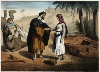 Rebecca und Eliezer am Brunnen: Eliezer von Damaskus, beauftragt, eine Frau für Isaak in Mesopotamien zu finden, bringt Rebecca zurück. Anonyme Gravur des 19. Jahrhunderts. von Unknown artist