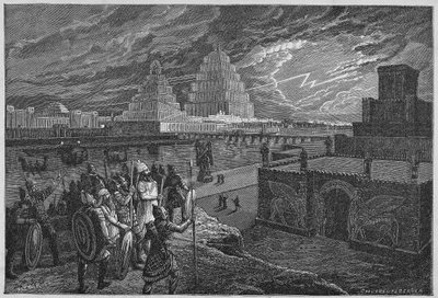 Rekonstruktion der Tempel und Paläste entlang des Flusses von Babylon - Mesopotamien: Rekonstruktion der Stadt Babylon, erbaut unter der Herrschaft von König Nebukadnezar II. von Unknown artist