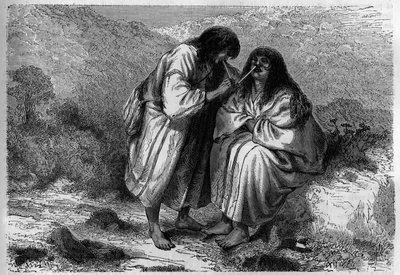 Heilmittel gegen die Erkältung: die Insufflation von Tabak bei amerikanischen Indianern. Gravur in „Le journal de la jeunesse“ von Unknown artist