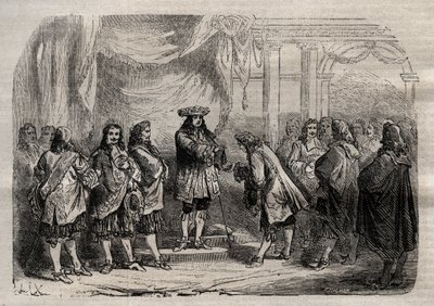 René Duguay Trouin (Duguay-Trouin) (René Trouin du Gué genannt) (1673-1736) erhält das Kreuz von Saint-Louis aus den Händen von König Ludwig XIV. - Gravur in „Dictionnaire populaire illustré“ - 1864 - von Joseph Decembre und Edmond Allonier von Unknown artist