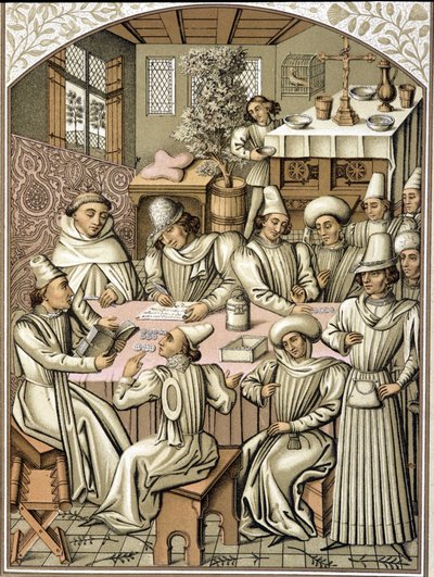 Darstellung von Beamten im 14. Jahrhundert. Chromolithographie aus dem Rechnungsbuch der Bruderschaft „Dio e Nostra Signora“ von Unknown artist