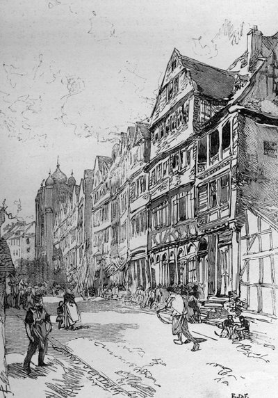 Darstellung der Judengasse in Frankfurt, Geburtsort der Familie Rothschild. Gravur in „Die Illustrierte Welt“. von Unknown artist