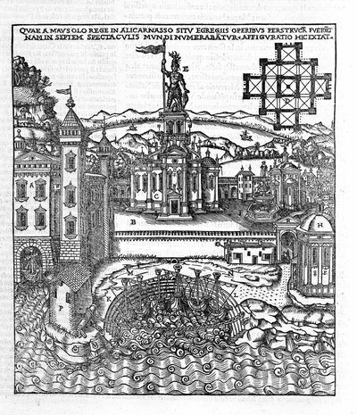 Darstellung der Sieben Weltwunder der Antike: das Mausoleum von Halikarnassos, das an der Ägäis in der südwestlichen Türkei lag. Gravur in „De Architectura“ von Vitruv (1. Jahrhundert v. Chr.) - Ausgabe von Gottardo da Ponte, Come von Unknown artist