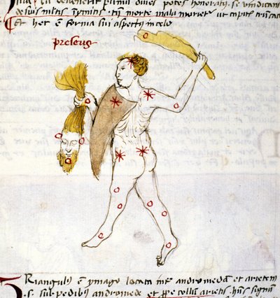 Darstellung des Sternbildes Bouvier (Bootes). Der Jäger Bootes hält die Haare der Berenike in der Hand. Miniatur aus „Astronomica“ von Biasino da Parma (Blaise de Parma) (1425-1457) von Unknown artist