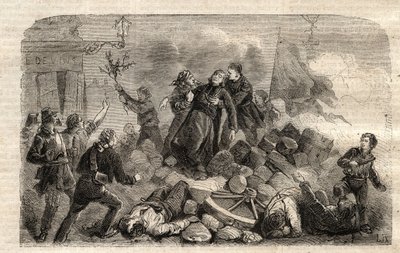 Revolution 1848: „Der Erzbischof Monsignore Denis Affre auf der Barrikade Faubourg Saint Antoine in Paris am 26.06.1848 (Do o mon dieu que mon sang soit le dernier verse) (Tod von Denis Affre, Erzbischof von Paris auf der Barrikade am Eingang zu t von Unknown artist
