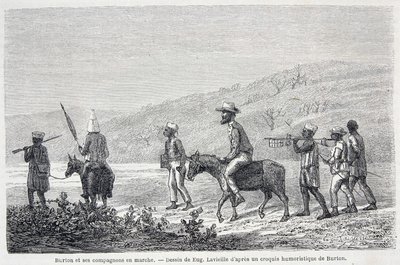Richard Francis Burton, britischer Entdecker (1821-1890), und seine Begleiter in Afrika. Zeichnung zur Illustration des Artikels „Captain Burtons Reise zu den Großen Seen Afrikas 1857-59“ - in „Tour du Monde“, 2. Halbjahr 1860 von Unknown artist