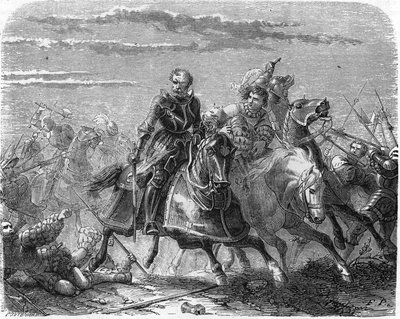 Robert von der Mark der Landsknechte, nimmt den Leichnam seines Sohnes von den Schweizern weg. Gravur des 19. Jahrhunderts von Unknown artist