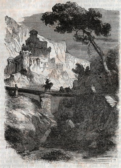 Rodomont wird von Bradamante besiegt - Gravur von 1851 aus „Roland der Rasende“ (Orlando furioso) (16. Jahrhundert) von Ludovico Ariosto, bekannt als der Ariosta - Ausgabe, übersetzt aus dem Italienischen von Graf von Tressan und veröffentlicht von Gustave von Unknown artist