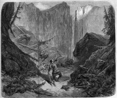 Roland bläst in sein Horn in der Schlacht von Roncesvalles am 15. August 778. Zeichnung von Alphonse de Neuville (1836-1885) für die Oper „Roland à Roncesvaux“ (Akt IV, Szene 1) von Auguste Mermet (1810-1889). Paris, Théâtre impérial de l