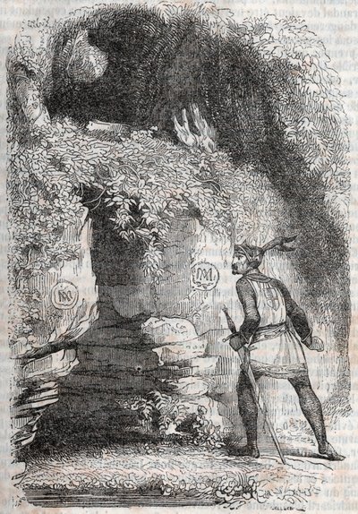 Roland findet die Figuren von Medor und Angelique - Gravur von 1851 aus „Furious Roland“ (Orlando furioso) (16. Jahrhundert) von Ludovico Ariosto, bekannt als Ariosto - Ausgabe übersetzt aus dem Italienischen von Graf von Tressan und veröffentlicht von Gus von Unknown artist