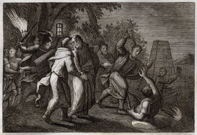 Bibel von Royaumont, Neues Testament: Verhaftung Jesu Christi oder der Kuss des Judas. Die Soldaten kommen, um Christus im Garten Gethsemane zu verhaften. St. Petrus schneidet einem von ihnen das Ohr ab. Illustration von 1811. von Unknown artist