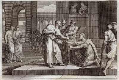 Royaumont-Bibel, Neues Testament: Cornelius tauft. Der Zenturio Cornelius empfängt den Glauben an Jesus Christus und wird von St. Peter getauft. Illustration von 1811. von Unknown artist
