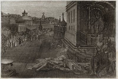 Royaumont-Bibel, Neues Testament: Tod der zwei Propheten. Die Vision des heiligen Johannes von zwei toten Propheten, die dann wieder auferstanden. Siebte Posaune der Offenbarung. Illustration von 1811 von Unknown artist