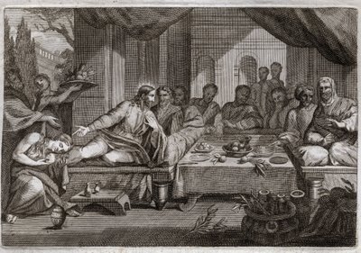 Royaumont-Bibel, Neues Testament: Abendessen bei Simon dem Pharisäer. Maria Magdalena weinte zu den Füßen Jesu Christi bei Simon dem Pharisäer und erhielt die Vergebung ihrer Sünden. Sie salbt Christi Füße mit Salböl und trocknet sie mit ihrem Haar. Illust von Unknown artist