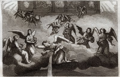 Royaumont-Bibel, Neues Testament: Drache der Offenbarung. Sieben Engel gießen den Inhalt ihrer Schale, Symbol des Zorns Gottes, auf die Erde. Illustration von 1811. von Unknown artist