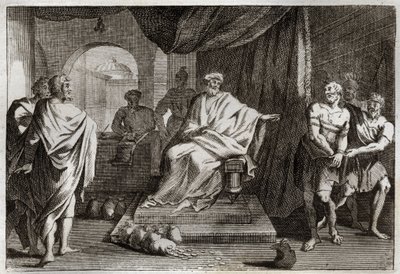 Royaumont-Bibel, Neues Testament: Gleichnis von den Talenten. Ein Herr bestraft einen seiner Diener, der das ihm gegebene Geld versteckt hat. Illustration von 1811. von Unknown artist