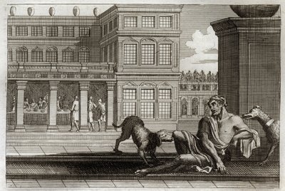 Royaumont-Bibel, Neues Testament: Gleichnis vom reichen Mann und dem armen Lazarus. Der reiche Mann sitzt am Tisch im Hintergrund, während die Hunde des Reichen die Wunden des Bettlers Lazarus lecken. Illustration von 1811 von Unknown artist