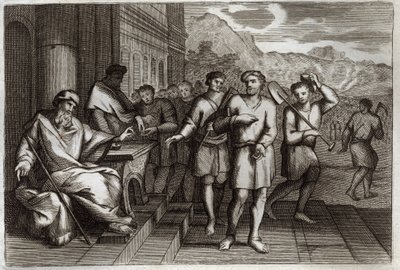Royaumont-Bibel, Neues Testament: Gleichnis von den Arbeitern im Weinberg. Arbeiter, die der Familienvater in seinen Weinberg schickt. Illustration von 1811. von Unknown artist
