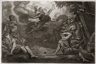 Royaumont-Bibel, Neues Testament: Hirten an der Krippe. Ein Engel verkündet den Hirten die Geburt Jesu Christi (Verkündigung an die Hirten). Illustration von 1811. von Unknown artist