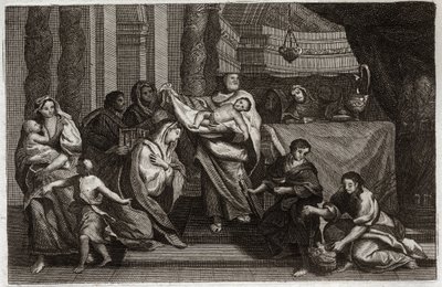 Royaumont-Bibel, Neues Testament: Reinigung der Jungfrau oder Darstellung im Tempel. Die Heilige Familie bietet Jesus Christus dem Tempel an und übergibt ihn Symeon. Eine Frau hält zwei Tauben in einem Korb. Illustration von 1811. von Unknown artist