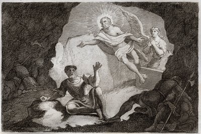 Bibel von Royaumont, Neues Testament: Auferstehung. Jesus Christus erhebt sich aus seinem Grab unter dem Staunen der römischen Soldaten, die eingeschlafen waren. Illustration von 1811 (Gravur) von Unknown artist