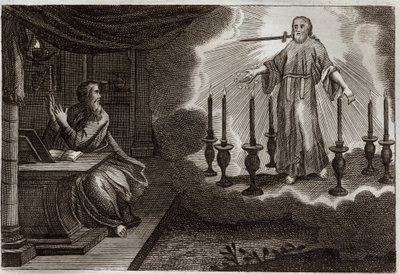 Bibel von Royaumont, Neues Testament: Offenbarungen des Heiligen Johannes in der Offenbarung. Jesus Christus erscheint dem Heiligen Johannes zwischen sieben goldenen Leuchtern, mit sieben Sternen in seiner rechten Hand und einem Schwert, das aus seinem Mun von Unknown artist