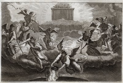 Bibel von Royaumont, Neues Testament: Sieben Engel blasen die Posaunen der Offenbarung nach dem Öffnen des siebten Siegels des Buches durch das Lamm. Ein anderer Engel nimmt ein Räuchergefäß, füllt es mit dem Feuer des Altars und wirft es auf die Erde. Ill von Unknown artist