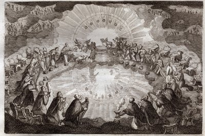 Royaumont-Bibel, Neues Testament: Sieben Siegel des Buches, geöffnet vom Lamm. Die vierundzwanzig Ältesten verneigen sich vor dem Thron, umgeben von einem Löwen, einem Ochsen, einem Menschen und einem Adler (Tetramorph) und sieben Lampen. Illustration von  von Unknown artist