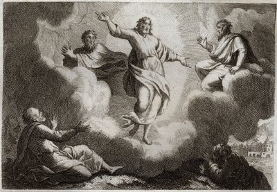 Royaumont-Bibel, Neues Testament: Die Verklärung Jesu Christi. Christus umgeben von Mose und Elia, darunter die Apostel Johannes, Petrus und Jakobus. Illustration von 1811. von Unknown artist