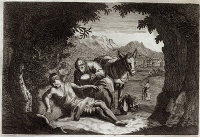 Royaumont-Bibel, Neues Testament: Das Gleichnis vom barmherzigen Samariter. Der Samariter hält auf seinem Weg an, um dem Mann in Not zu helfen. Illustration von 1811. von Unknown artist