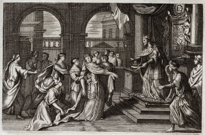 Royaumont-Bibel, Altes Testament: Esther stellt sich vor König Xerxes I (Assuerus I), um ihr Volk vor dem drohenden Tod zu retten. Illustration von 1811. von Unknown artist