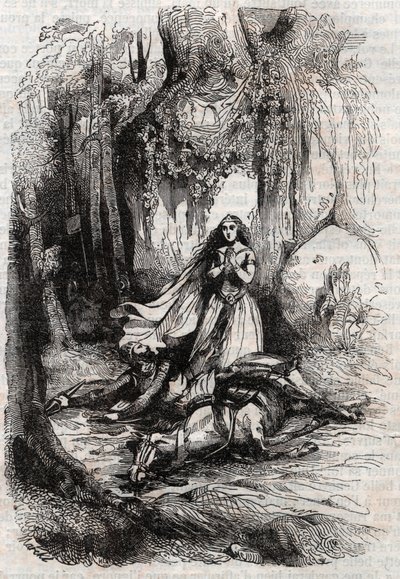 Sacripant wird in Anwesenheit von Angelica abgeworfen - Gravur von 1851 aus „Roland furieux“ (Orlando furioso) (16. Jahrhundert) von Ludovico Ariosto, bekannt als Ariosto - Ausgabe übersetzt aus dem Italienischen von Graf von Tressan und veröffentlicht von von Unknown artist