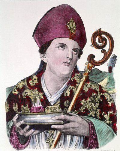Heiliger Januarius, Schutzpatron der Stadt Neapel, hält die Ampulle mit seinem Blut in den Händen. Farbiger Volksdruck aus dem 19. Jahrhundert von Unknown artist