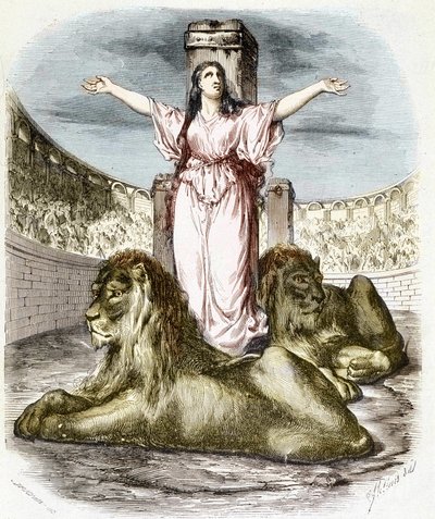 Sainte Blandine in der Arena, die Löwen liegen zu ihren Füßen (Christenverfolgungen in Lyon) - in „Histoire des popes“ von Maurice Lachatre von Unknown artist