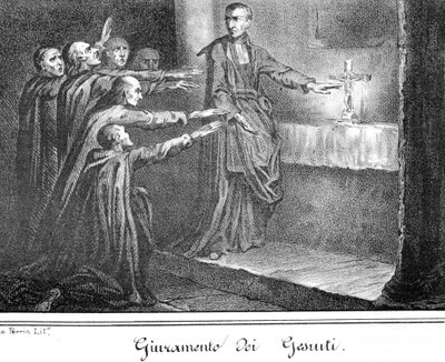 Szene, die Jesuiten beim Ablegen des Eides darstellt. Gravur aus dem späten 19. Jahrhundert von Unknown artist