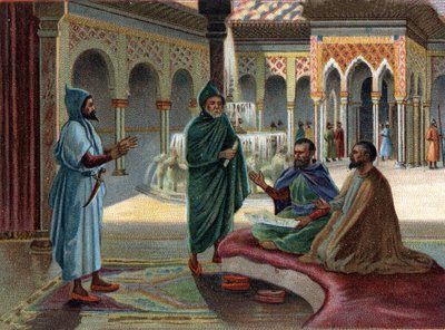 Szenen aus verschwundenen Königreichen: Maurischer Rat (Mauren, Name für Araber, die einen Teil Spaniens besetzten) im Alhambra-Palast in Granada. Granada ist der letzte maurische Staat, der 1482 endete. Chromolithographie des 19. Jahrhunderts von Unknown artist