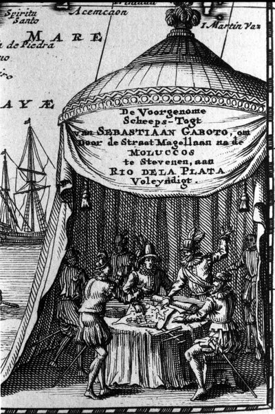 Sebastiano Caboto (Sebastien Cabot) auf einer Navigationskarte mit anderen Navigatoren. Anfang des 17. Jahrhunderts von Unknown artist