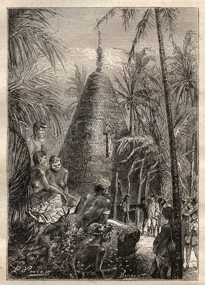 Zweite Reise (1772-1775) von Kapitän James Cook (1728-1779): traditionelles Rundhaus, auf dem Dach einer beträchtlichen Höhe (Neukaledonien) - Illustration aus „The Great Mariners of the 18th century“ von Unknown artist