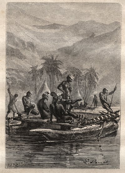 Zweite Reise (1772-1775) von Kapitän James Cook (1728-1779): Die Eingeborenen hatten genug Vertrauen, um sich zu nähern und zu tauschen (Neukaledonien) - Illustration aus „Die großen Seefahrer des 18. Jahrhunderts“ von Unknown artist