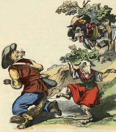 Als der Wolf den Meister Fuchs sah, floh er und ließ das kleine Zicklein in Gefahr. Illustration des Märchens „Bon medor und das kleine Zicklein“. In „Märchen aus dem Heim für die Kleinen“. Anonyme Gravur des 19. Jahrhunderts von Unknown artist