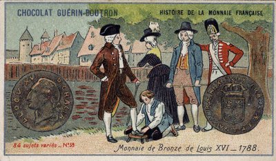 Serie Histoire de la Monnaie Française veröffentlicht von Chocolat Guérin Boutron. Chromolithographie 19. Jahrhundert. Bronzemünze von Ludwig XVI. im Jahr 1788 von Unknown artist