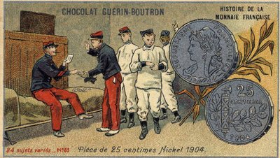 Serie Histoire de la Monnaie Française, veröffentlicht von Chocolat Guérin Boutron. Chromolithographie des 19. Jahrhunderts. 25-Cent-Münze. Nickel 1904 von Unknown artist
