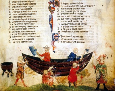 Schiffbau und Kalfatern im 13. Jahrhundert. Miniatur aus dem „Roman de Troy“ von Benoit de Saint Maure. 14. Jahrhundert Biblioteca Marciana, Venedig von Unknown artist