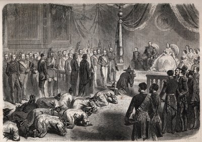 Die siamesischen Botschafter kriechen bei einer feierlichen Audienz in Fontainebleau vor der französischen kaiserlichen Familie in Anwesenheit von Napoleon III. (1808-1873), Eugenie (Eugenia de Montijo) von Unknown artist