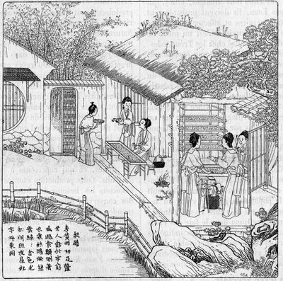 Seide und Seidenraupe in China: Trennung der Raupe, die spinnen will. Gravur in „La Nature: revue des sciences et de leurs applications aux arts et a l